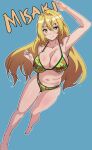  1girl absurdres arm_up bikini blonde_hair blue_background breasts character_name closed_mouth commentary green_bikini halterneck highres julioalqae large_breasts long_hair navel shokuhou_misaki smile solo sparkling_eyes star_print_bikini swimsuit toaru_kagaku_no_mental_out toaru_kagaku_no_railgun toaru_majutsu_no_index very_long_hair yellow_eyes 