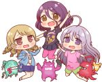  3girls ahoge black_shirt blue_coat braid brown_eyes brown_hair chibi chibi_only coat drill_hair fang food_print frilled_socks frills green_shorts grey_eyes grey_hair hayasaka_mirei highres hoshi_syoko huge_ahoge idolmaster idolmaster_cinderella_girls individuals_(idolmaster) leggings leggings_under_skirt morikubo_nono multiple_girls mushroom mushroom_print open_mouth patterned_clothing pink_leggings pink_shirt pokkepocket purple_hair red_streaks ringlets shirt shorts side_braid single_braid skirt smile socks wavy_mouth white_background 