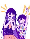  1boy 1girl :d ^_^ arm_up armpits bailan1130 bare_arms bare_shoulders blush checkered_clothes clenched_hand closed_eyes collarbone collared_shirt colored_skin double-parted_bangs facing_ahead grin hair_behind_ear hair_between_eyes hands_up highres interlocked_fingers kel_(headspace)_(omori) kel_(omori) long_hair mari_(headspace)_(omori) mari_(omori) neckerchief notice_lines omori open_mouth orange_neckerchief orange_skirt own_hands_clasped own_hands_together purple_hair purple_sweater_vest round_teeth shirt short_hair short_sleeves simple_background skirt smile sweater_vest tank_top teeth upper_body upper_teeth_only v-shaped_eyebrows very_long_hair white_background white_shirt white_skin 