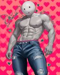  1boy :| abs closed_mouth colored_skin cowboy_shot date_everything denim doug_(date_everything) grey_skin highres jeans looking_at_viewer male_focus male_underwear monarch_chimera muscular muscular_male nipples no_shirt object_head pants pink_male_underwear solo toned toned_male torn_clothes torn_jeans torn_pants twisted_torso underwear veins 
