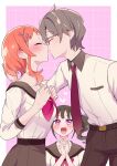  1boy 2girls ahoge blunt_bangs blush breasts brown_hair closed_eyes closed_mouth collarbone column couple curly_hair face-to-face glasses grid_background hair_ornament hair_tie hairpin hand_on_own_chest hand_on_wall heart heart-shaped_pupils heart_in_eye heart_in_mouth heart_pin highres imminent_kiss inukai_iroha long_hair long_sleeves looking_up medium_hair mikorin multiple_girls necktie nekoyashiki_mayu nervous nervous_sweating open_mouth orange_hair pants parted_bangs pillar pink_background precure school school_uniform short_hair side_ponytail sideboob sideways_face sweat sweatdrop symbol-shaped_pupils symbol_in_eye toyama_satoru upper_body wonderful_precure! 