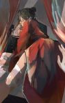  1boy 1other aaawwwssslll absurdres all_fours ass bandaged_leg bandages bare_legs bed bed_sheet black_hair chinese_clothes chinese_commentary closed_mouth coat coin coin_mask curtains dao_gui_yi_xian feet_out_of_frame from_behind hair_bun hair_ribbon hand_on_another&#039;s_ass hanfu highres holed_coin indoors li_huowang long_hair long_sleeves looking_at_viewer looking_back male_focus mask mouth_veil on_bed out_of_frame ponytail pov pov_hands red_coat red_eyes red_ribbon ribbon robe single_hair_bun solo_focus veil wide_sleeves 