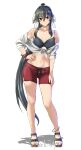  1girl bikini black_bikini black_hair brown_eyes cosplay hair_between_eyes hair_ribbon highres kantai_collection long_hair looking_at_viewer navel noshiro_(kancolle) noshiro_(kancolle)_(cosplay) noshiro_(swimsuit)_(kancolle) ponytail red_scrunchie red_shorts ribbon sandals scrunchie seitei_(04seitei) shirt short_shorts shorts sidelocks smile solo standing swimsuit tied_shirt very_long_hair white_ribbon wrist_scrunchie yahagi_(kancolle) 