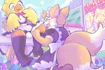 2025 anthro avian canid canine chocobo city clothed clothing crossdressing detailed_background erakir extreme_size_difference female femboy final_fantasy fox frilly frilly_clothing happy hi_res khloe_prower kneeling legwear low-angle_view macro maid_headdress maid_uniform male mammal pawberry sitting size_difference smile square_enix tail thigh_highs uniform