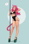  1girl animal_ears arm_up artist_name biting_own_lip black_panties blue_eyes breasts cat_ears cat_girl cat_tail elena_(olena_minko) heart high_heels highleg highleg_panties highres long_hair looking_at_viewer medium_breasts olena_minko original panties parted_lips patreon_username pink_hair platform_heels pole simple_background solo speech_bubble spoken_heart stripper_pole tail underwear web_address 