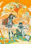  1boy 1girl :o ? absurdres ahoge beret_cj blue_hair blue_scarf brown_pants coat highres insanity_(vocaloid) kaito_(vocaloid) long_hair looking_at_viewer multiple_views no_mouth orange_eyes orange_hair pants parted_lips phone_over_face robot_girl scarf sf-a2_miki short_hair sitting song_name standing vocaloid white_coat 
