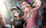  2girls \m/ ahoge alley alternate_hairstyle arm_around_shoulder armpit_peek backwards_hat baseball_cap beads black_bra black_shirt blonde_hair blunt_bangs blunt_ends bra bra_strap brick_wall chain chain_bracelet chain_necklace closed_mouth collarbone copyright_name day dutch_angle earrings fire_escape foreshortening frown gradient_hair graffiti green_eyes green_hair hair_beads hair_down hair_ornament hand_on_another&#039;s_shoulder hat heart heart_earrings heart_necklace hifumi_suu highres jewelry kedarui_aashii kimi_no_koto_ga_dai_dai_dai_dai_daisuki_na_100-nin_no_kanojo kusanochika layered_clothes light_particles long_hair looking_at_viewer multicolored_hair multiple_earrings multiple_girls nail_polish necklace open_mouth outdoors outstretched_arm pink_nails pink_shirt ring round_eyewear shirt shirt_under_shirt short_hair smile t-shirt trash_can underwear upper_body v-shaped_eyebrows window 