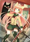  animal_ears cat_ears cat_tail clover fang forked_tail four-leaf_clover garters glint green_eyes green_legwear gun hair_ornament ichijou_kokona katana long_hair midorikawa_you multiple_tails nekomata original pink_hair pleated_skirt rifle rubble scabbard school_uniform sheath skirt smile solo sword tail thighhighs torii torn_clothes torn_legwear two_tails weapon zettai_ryouiki 