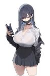  1girl black_choker black_hair black_jacket black_skirt breasts cellphone ch4a choker cleavage collared_shirt cropped_legs earrings holding holding_phone jacket jewelry large_breasts long_hair long_sleeves mask mouth_mask nail_polish necklace off_shoulder open_clothes original phone pleated_skirt shirt shirt_tucked_in simple_background skirt smartphone solo thighs white_background white_shirt 