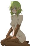  1girl bare_shoulders bikini blue_eyes blush boots breasts brown_boots brown_gloves dungeon_ni_deai_wo_motomeru_no_wa_machigatteiru_darou_ka elbow_gloves elf embarrassed gloves gobi_(jtnyrwbkohiqsuldg) green_hair highres long_bangs looking_to_the_side paid_reward_available pointy_ears ryu_lion short_hair sidelocks sitting small_breasts smile solo sweatdrop swimsuit thigh_boots wariza wavy_hair white_bikini 