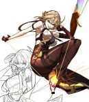  1girl arm_strap black_gloves black_pants blonde_hair breasts chest_harness evelyn_chevalier flying_kick gloves gwongiyeon67479 half_gloves harness high-waist_pants high_heels highres kicking large_breasts necktie pants purple_eyes shirt single_glove single_half_glove sketch tight_clothes tight_pants white_shirt yellow_necktie zenless_zone_zero 