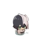  1boy arrancar black_hair black_nails bleach broken_helmet chibi closed_mouth colored_sclera colored_skin facial_mark green_eyes green_sclera hair_between_eyes helmet highres hishui_prpr hollow_(bleach) horns jacket long_hair looking_at_viewer male_focus shirt short_hair simple_background solo ulquiorra_cifer white_background white_skin 