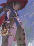  1girl absurdres armor black_gloves breasts daodtt embroidery from_below fur_trim genshin_impact gloves gold_embroidery gold_thighlet gold_trim hair_between_eyes hat highleg highleg_leotard highres leotard mona_(genshin_impact) shoulder_armor small_breasts solo twintails vambraces witch_hat 