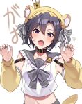  1girl animal_ears arm_warmers black_collar black_hair blush claw_pose collar cropped_shirt crown fangs grey_nails grey_sailor_collar hair_between_eyes hair_ornament hairclip hands_up hat hat_with_ears highres idolmaster idolmaster_(classic) kikuchi_makoto lion_ears looking_at_viewer midriff mini_crown navel open_mouth purple_eyes raimone26 sailor_collar shirt short_hair simple_background sleeveless sleeveless_shirt solo upper_body white_background white_shirt 