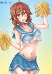  1girl ahoge anti_(untea9) blue_background blue_sailor_collar blue_skirt brown_eyes cheering cheerleader crop_top gradient_background groin hair_flaps hairband highres holding holding_pom_poms kantai_collection low_twintails medium_hair midriff navel one-hour_drawing_challenge pleated_skirt pom_pom_(cheerleading) red_hairband sailor_collar sailor_shirt shiratsuyu_(kancolle) shirt skirt solo twintails twitter_username white_shirt 