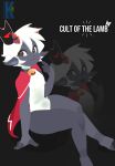 2025 2_horns anthro black_background bottomless bottomless_male bovid caprine clothed clothing cult_of_the_lamb digital_drawing_(artwork) digital_media_(artwork) english_text hair hi_res horn kittem4 lamb_(cult_of_the_lamb) looking_at_viewer male male_anthro mammal massive_monster_(studio) open_mouth open_smile sheep simple_background smile solo text white_body white_hair