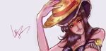  1girl armlet black_hair blunt_bangs commentary cowboy_hat derivative_work english_commentary eyelashes hand_on_own_hat hat jewelry lowres medium_hair nico_robin one_piece parted_lips purple_hat purple_nails screenshot_redraw serein signature simple_background smile solo straw_hat upper_body white_background 