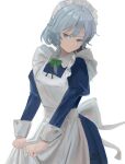  1girl apron apron_hold black_ribbon blue_dress blue_eyes bow braid closed_mouth commentary cowboy_shot dress green_bow grey_hair hair_between_eyes hair_bow highres izayoi_sakuya juliet_sleeves long_sleeves looking_at_viewer maid_apron maid_headdress medium_hair neck_ribbon puffy_sleeves ribbon ropu_1 side_braids simple_background solo touhou white_apron white_background 