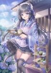  1girl animal_ear_fluff animal_ears apron bell black_apron black_hair black_skirt black_thighhighs blue_dress blue_eyes blush bow breasts cat_ears cat_girl cat_tail choker dress flower food frills hair_between_eyes hair_flower hair_ornament hair_ribbon highres holding holding_tray japanese_clothes kohinata_hoshimi long_hair long_sleeves looking_at_viewer maid maid_apron maid_headdress neck_bell open_mouth original outdoors pastry ribbon skirt smile solo tail tea thighhighs tray very_long_hair wa_maid 