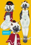 2025 2_horns anthro bell bell_collar bottomless bottomless_male bovid caprine clothed clothing collar cult_of_the_lamb dialogue digital_drawing_(artwork) digital_media_(artwork) english_text featureless_crotch hair hi_res horn kittem4 lamb_(cult_of_the_lamb) male male_anthro mammal massive_monster_(studio) multiple_poses navel nude_male pose red_crown_(cult_of_the_lamb) sheep simple_background solo speech_bubble text white_body white_hair yellow_background