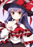  1girl alternate_hair_length alternate_hairstyle ascot black_hat black_skirt blush bow closed_mouth collared_shirt commentary cowboy_shot frilled_shawl frilled_sleeves frills hand_up hat hat_bow highres long_hair long_sleeves looking_at_viewer nagae_iku purple_background purple_hair red_ascot red_bow red_eyes ruu_(tksymkw) shawl shirt sidelocks simple_background skirt smile solo touhou white_shawl white_shirt 
