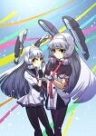  2girls black_gloves black_pantyhose blunt_bangs blunt_tresses breasts donguri_(kino4405) dress dual_persona floating_headgear gloves grey_hair hair_ribbon headgear highres kantai_collection long_hair looking_at_viewer multiple_girls murakumo_(kancolle) murakumo_kai_ni_(kancolle) necktie pantyhose partially_fingerless_gloves red_necktie ribbon sailor_dress short_eyebrows sidelocks small_breasts smile tress_ribbon undershirt very_long_hair yellow_eyes 