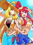  2girls ;d blonde_hair blue_eyes blue_sarong blue_shorts blue_sky brown_hat closed_mouth crop_top cynthia_(pokemon) cynthia_(summer_2025)_(pokemon) flower grey_eyes hair_over_one_eye hat hat_flower highres locked_arms long_hair looking_at_viewer midriff multiple_girls navel official_alternate_costume one_eye_closed open_mouth pokemon pokemon_masters_ex red_hair saku06480514 sarong short_hair_with_long_locks shorts sidelocks sky skyla_(pokemon) skyla_(summer_2025)_(pokemon) smile sun_hat upper_body v very_long_hair 