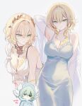  1boy 1girl aglaea_(honkai:_star_rail) anaxa_(honkai:_star_rail) arm_behind_head arm_up armpits bare_shoulders blonde_hair blue_eyes breasts chibi chibi_inset cleavage closed_mouth dress green_eyes hair_between_eyes hair_ornament honkai:_star_rail honkai_(series) korean_text large_breasts medium_hair multiple_views short_hair silltare simple_background sleeveless sleeveless_dress tattoo white_background white_dress 