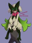 absurd_res ambiguous_gender anthro black_hair blush blush_lines bodily_fluids bottomwear claws clothing dialogue digitigrade duo eyelashes front_view fur generation_9_pokemon green_body green_claws green_fur grey_bottomwear grey_clothing grey_pants grey_topwear hair hi_res human mammal mask meowscarada navel nintendo open_mouth open_smile pants phrenpai pink_nose pokemon pokemon_(species) purple_background red_eyes simple_background smile sweat sweatdrop tan_body tan_skin tears text thick_thighs topwear wide_hips
