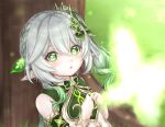  1girl bare_shoulders blush commentary day detached_sleeves dress genshin_impact gold_trim gradient_hair green_eyes green_hair green_sleeves hair_between_eyes hair_ornament highres leaf_hair_ornament long_hair multicolored_hair nahida_(genshin_impact) outdoors parted_lips pointy_ears side_ponytail sleeveless sleeveless_dress solo sorata_(fuyuki_15_50) star-shaped_pupils star_(symbol) symbol-shaped_pupils white_dress white_hair 