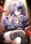  1girl armchair belt black_belt black_choker black_coat black_dress black_hair black_thighhighs blurry blurry_foreground breasts chair chest_belt choker cleavage closed_mouth coat commentary_request commission crossed_legs dress elbow_rest falling_petals fur-trimmed_coat fur_trim grey_hair hair_between_eyes hair_ornament highres hololive hololive_english jewelry large_breasts light_particles long_hair long_sleeves looking_at_viewer multicolored_hair multiple_rings off_shoulder on_chair open_clothes open_coat petals piyopoyo ring shiori_novella shiori_novella_(1st_costume) sitting skeb_commission smile solo split-color_hair spotlight striped_clothes striped_thighhighs studded_thigh_strap thigh_strap thighhighs two-tone_hair virtual_youtuber yellow_eyes yorick_(shiori_novella) 