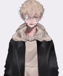  1boy absurdres bandage_over_one_eye bandaid bandaid_on_cheek bandaid_on_face bandaid_on_nose black_jacket blonde_hair blue_eyes brown_sweater bruise bruise_on_face closed_mouth crossed_bangs earrings grey_background hair_between_eyes highres injury jacket jewelry long_sleeves looking_at_viewer male_focus mano_aaa matsuno_chifuyu one_eye_covered open_clothes open_jacket short_hair simple_background single_earring solo straight-on sweater tokyo_revengers upper_body very_short_hair 