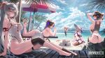  5girls absurdres arms_behind_head ass ball beach beach_chair beach_umbrella beachball bikini bird black_bodysuit black_choker bodysuit boulder braid breasts brown_dust_(series) brown_dust_2 brown_hair chair character_request choker commentary_request copyright_notice covering_privates earrings flip-flops flower grey_hair hair_ribbon hands_in_own_hair hat hat_flower highres in_water jewelry knee_wrap korean_commentary large_breasts lens_flare load_bearing_vest logo long_hair lying mochirong mountain multiple_girls nail_polish nude nude_cover on_stomach one-piece_swimsuit outdoors palm_leaf palm_tree ponytail purple_bikini red_eyes red_ribbon ribbon sand_castle sand_sculpture sandals scrunchie seagull seiza short_hair side-tie_bikini_bottom single_thighhigh sitting skindentation standing strappy_heels sun_hat swimsuit thigh_strap thighhighs tree trowel twin_braids umbrella very_long_hair wading whistle whistle_around_neck white_flower white_one-piece_swimsuit wooden_chair wrist_scrunchie yellow_eyes 