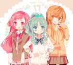  :d absurdres alternate_hairstyle blazer blue_eyes blue_hair cardigan hanasaki_tsubomi hands_on_hips heartcatch_precure! highres jacket kurumi_erika long_hair multiple_girls myoudouin_itsuki open_mouth orange_eyes orange_hair pink_eyes pink_hair ponytail precure school_uniform smile yuucho_(cololal) 