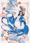  1girl action_figure apron blue_dress blue_shirt blue_shoes book border brown_eyes brown_hair clothes_hanger commentary_request dress flower frilled_dress frills game_boy grid handheld_game_console highres holding holding_tray keishin lamp layered_dress legs_up looking_at_viewer maid maid_headdress open_book open_mouth orange_flower original pink_flower pink_shirt plant polka_dot polka_dot_background potted_plant puffy_sleeves rug shirt shoes short_hair shorts shorts_under_skirt smile thighhighs tray tulip vase white_apron white_background white_flower white_thighhighs 