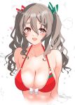  1girl absurdres alternate_costume alternate_hairstyle bikini breasts brown_eyes cleavage grey_hair hair_between_eyes highres kantai_collection large_breasts long_hair multicolored_bikini nitamako_(sakamalh) pola_(kancolle) red_bikini simple_background solo swimsuit thick_eyebrows twintails upper_body wavy_hair white_background 