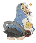  1boy absurdres alohapz artist_name ass black_skirt blonde_hair blue_eyes blush bridget_(guilty_gear) bulge commentary cropped_legs eyelashes fingerless_gloves from_behind gloves guilty_gear guilty_gear_strive highres hood hooded_jacket jacket long_hair looking_at_viewer looking_back male_focus open_mouth pleated_skirt shorts shorts_under_skirt sidelocks signature skindentation skirt solo star_(symbol) symbol-only_commentary thick_thighs thighs trap v yo-yo 