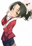  1girl bike_shorts black_hair black_shirt blue_archive blush curtained_hair dark-skinned_female dark_skin hair_ribbon halo hand_on_own_face hand_up happi high_ponytail highres japanese_clothes long_hair long_sleeves looking_at_viewer looking_back mukai open_mouth ponytail ribbon rickshaw_student_(blue_archive) shirt simple_background solo sweat towel towel_around_neck white_background white_ribbon wiping_sweat yellow_eyes 