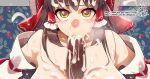  1girl after_paizuri bare_shoulders blush bow breasts breasts_squeezed_together brown_hair cum cum_in_mouth cum_on_body cum_on_breasts cum_on_hair cum_string detached_sleeves ejaculation erection facial fellatio frilled_bow frilled_hair_tubes frills hair_between_eyes hair_bow hair_tubes hakurei_reimu hetero huge_breasts indoors long_hair nontraditional_miko oral orgasm paizuri penis pixiv_id red_bow ribbon-trimmed_sleeves ribbon_trim shouji signature sliding_doors solo_focus touhou twitter_username umigarasu_(kitsune1963) 