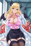  1girl bare_shoulders black_horns black_skirt black_tail black_wings blonde_hair blue_eyes breast_tattoo breasts cleavage coat cowboy_shot demon_girl demon_horns demon_tail demon_wings highres hololive horns lab_coat large_breasts long_hair multicolored_hair off_shoulder pink_hair pink_shirt pointy_ears shirt sitting skirt solo tail tattoo two-tone_hair valneeko virtual_youtuber white_coat winged_heart_tattoo wings yuzuki_choco yuzuki_choco_(1st_costume) 