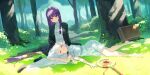  2girls :3 =_= absurdres barefoot black_cloak black_shoes blunt_bangs blush bush cloak closed_eyes closed_mouth commentary damcheong day dress elf feet fern_(sousou_no_frieren) forest frieren grass grey_hair headpat highres lap_pillow light_rays long_hair long_pointy_ears long_sleeves looking_at_another lying mage_staff multiple_girls nature on_side open_cloak open_clothes outdoors parted_bangs pointy_ears purple_eyes purple_hair shoes short_eyebrows short_sleeves sitting smile sousou_no_frieren sunbeam sundress sunlight toes tree very_long_hair white_dress yokozuwari 