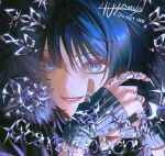  1boy 4the2ofus black_hair blue_hair blunt_ends character_name choppy_bangs clenched_hand colored_eyelashes fatui_logo fingerless_gloves fur_hood genshin_impact gloves grey_eyes grey_gloves highres index_finger_raised looking_at_viewer male_focus multicolored_hair nail_ornament parted_lips pink_lips portrait ribbed_gloves scaramouche_(genshin_impact) smile solo streaked_hair white_mouth 