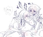  2girls :3 ^_^ bang_dream! bang_dream!_it&#039;s_mygo!!!!! blush breast_sucking breasts breasts_out chain chihaya_anon closed_eyes clothes_lift collar fan_jing fingering highres long_hair monochrome multiple_girls nagasaki_soyo navel nipples pussy_juice shirt_lift sidelocks sweat translation_request yuri 