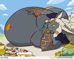 2d_animation animated anthro belly belly_play belly_wobble big_belly big_hair big_moobs blue_eyes chubby_cheeks cloud ear_piercing eating food fur grey_body grey_fur hair hand_on_belly huge_belly jewelry male mammal moobs morbidly_obese morbidly_obese_anthro morbidly_obese_male navel nintendo nipples obese obese_anthro obese_male outside overweight overweight_anthro overweight_male patting_belly piercing rauru_(tears_of_the_kingdom) roundwombo smile solo sweets tears_of_the_kingdom text the_legend_of_zelda url white_hair zonai