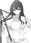  1girl absurdres alternate_costume blush breasts closed_mouth commentary_request dress hair_between_eyes hat highres holding holding_tripod iizunamaru_megumu large_breasts long_hair long_sleeves looking_at_viewer meimei_(meimei89008309) monochrome simple_background smile solo tokin_hat touhou tripod twitter_username upper_body white_background 