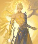 1boy alternate_form asymmetrical_wings bare_pectorals black_shirt black_wings blonde_hair commentary cracked_skin english_commentary hair_between_eyes halo halo_behind_head highres holding holding_sword holding_weapon honkai:_star_rail honkai_(series) male_focus material_growth olfos pectorals phainon_(honkai:_star_rail) shirt short_hair solo sword torn_clothes torn_shirt weapon wings yellow_blood yellow_eyes yellow_wings 