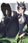  1girl absurdres ahoge animal_ears ass black_hair black_jacket black_necktie black_pants black_socks blue_eyes breasts center_frills center_opening closed_mouth collared_shirt ear_ornament feet foot_focus frills fuji_kiseki_(umamusume) gloves grass hair_between_eyes half_gloves highres horse_ears horse_girl horse_tail jacket jitome_no_tsugumi large_breasts legs_up long_sleeves multicolored_hair necktie o-ring on_grass pants shirt short_hair smile socks soles solo streaked_hair tail toes umamusume white_hair 