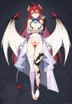  1girl absurdres ahoge alternate_costume alternate_form arm_under_breasts ass_visible_through_thighs asymmetrical_legwear blue_fire blue_hair blush breasts center_opening cleavage colored_inner_hair commentary demon_girl demon_horns demon_tail demon_wings detached_sleeves elizabeth_rose_bloodflame feet fingerless_gloves fire fire_on_chest full_body gloves hair_between_eyes hair_ornament halterneck hand_up highres hololive hololive_english horns huge_ahoge large_breasts long_hair looking_at_viewer low_wings migokami mismatched_legwear multicolored_hair navel no_panties pubic_tattoo red_eyes red_hair red_nails revealing_clothes single_detached_sleeve single_fingerless_glove smile solo tail tattoo thorns toenails toes virtual_youtuber wings 
