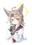  1girl absurdres ahoge animal_ears black_gloves blue_archive ear_protection fox_ears fox_girl gloves green_eyes green_gloves green_halo grey_hair halo highres long_braid long_hair long_sleeves muyanmi neckerchief otogi_(blue_archive) red_neckerchief school_uniform serafuku solo tactical_school_uniform two-tone_gloves 