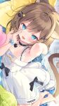  1girl absurdres animal_ear_fluff animal_ears armpit_focus barefoot black_bow black_choker blue_bow blue_eyes blush bow cat_hair_ornament choker dress flat_chest frilled_choker frills hair_between_eyes hair_ornament hairclip highres indie_virtual_youtuber kumonoue_yumemi looking_at_viewer lying nikuya_(nikuniku_nikuya) sleeveless smile solo star-shaped_pillow sweatdrop swept_bangs tail white_dress x_hair_ornament yellow_bow 
